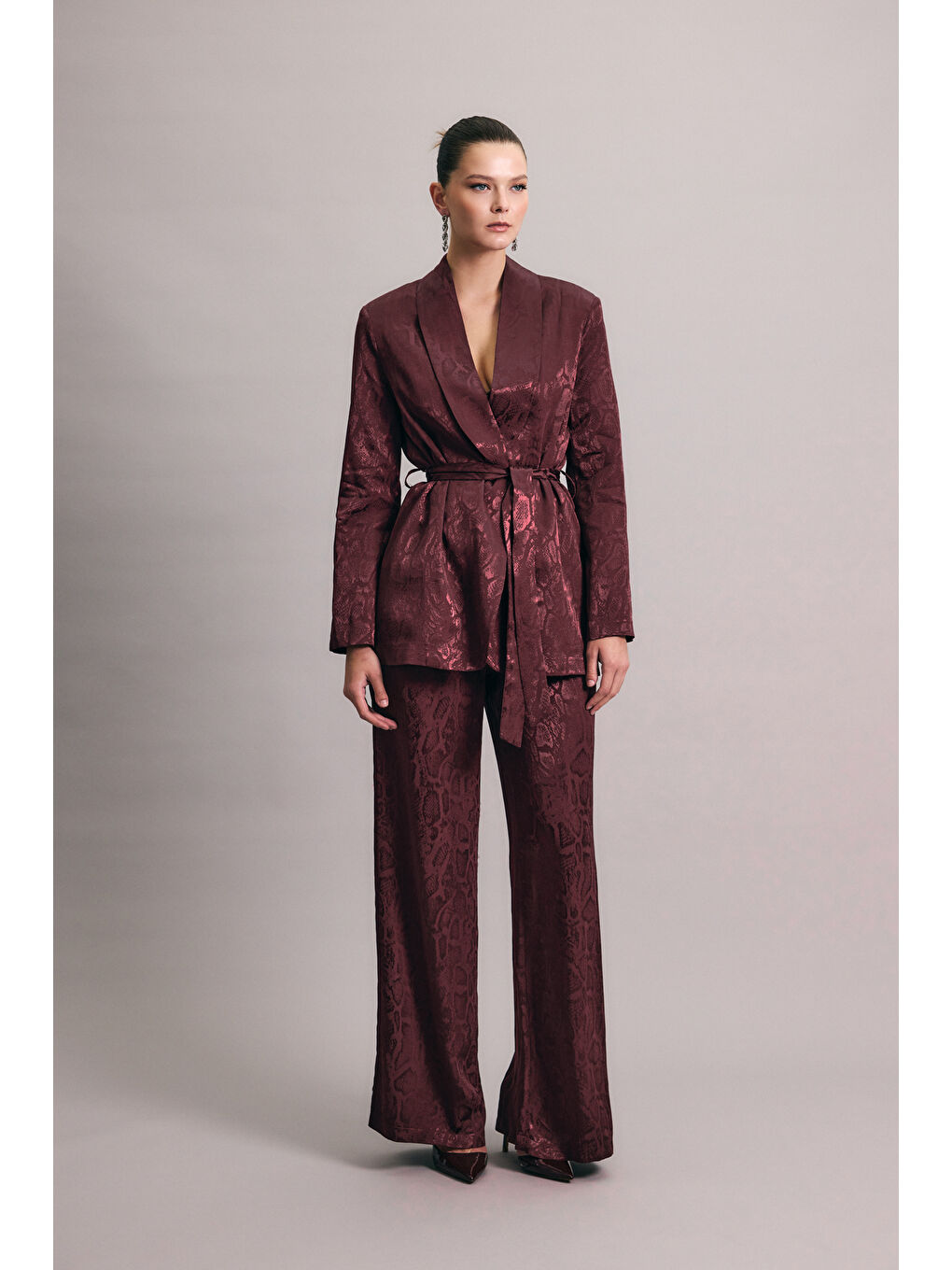 Yılan Desenli Uzun Ceket - Bordo-3