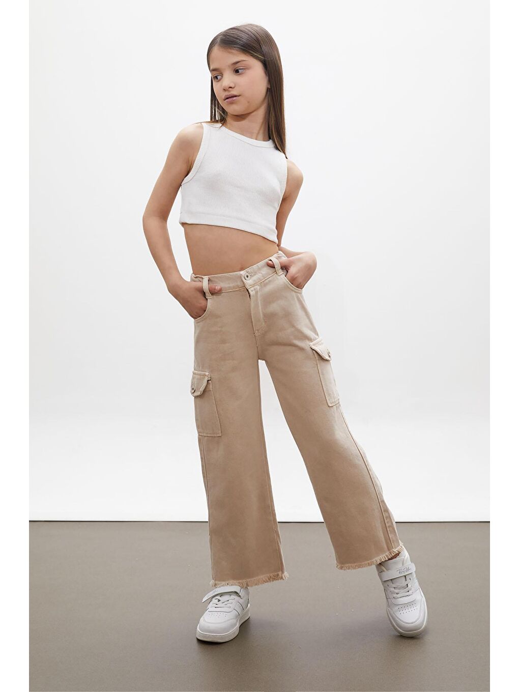 Ekru Krem Kargo Cepli Püsküllü Geniş Paça Kız Jean Pantolon 13-17 Yaş 18249-1
