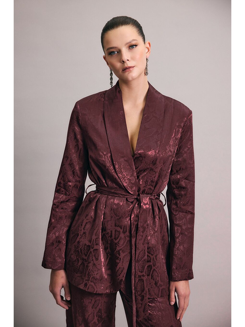 Yılan Desenli Uzun Ceket - Bordo-4