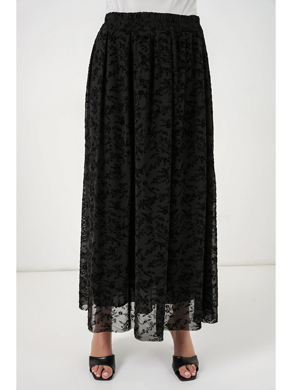 Kadın Flok Baskılı Astarlı Etek 8069 - Siyah-1