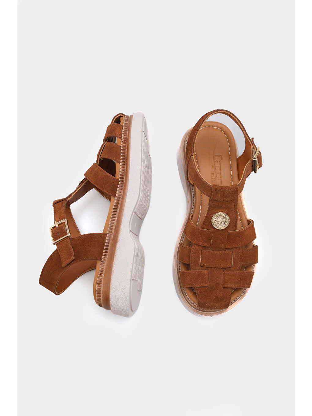 Kahverengi Juliane Hakiki Süet Gladyatör Dolgu Topuk Kadın Sandalet-4