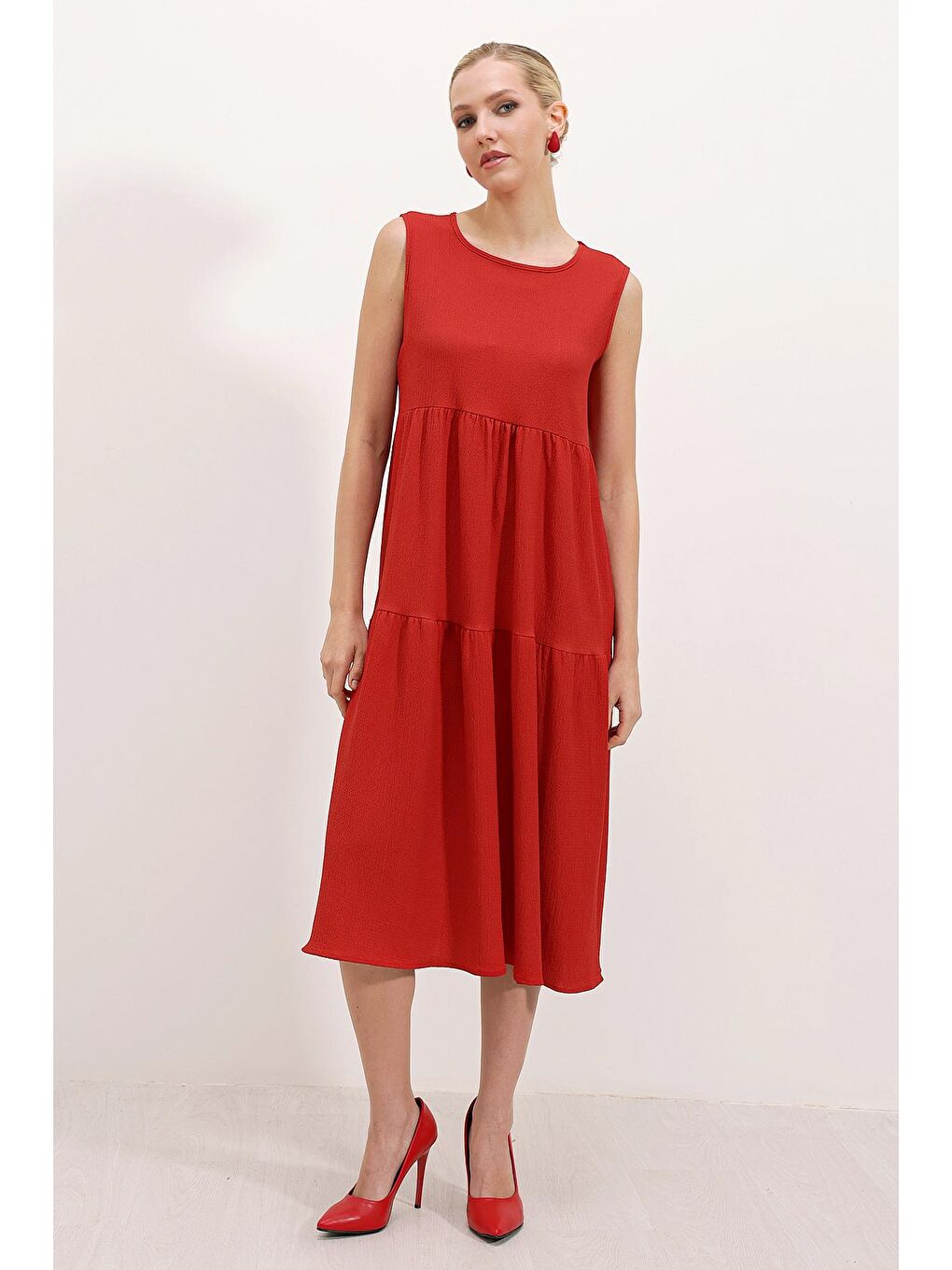 2448 Sıfır Kol Uzun Örme Elbise - Kırmızı