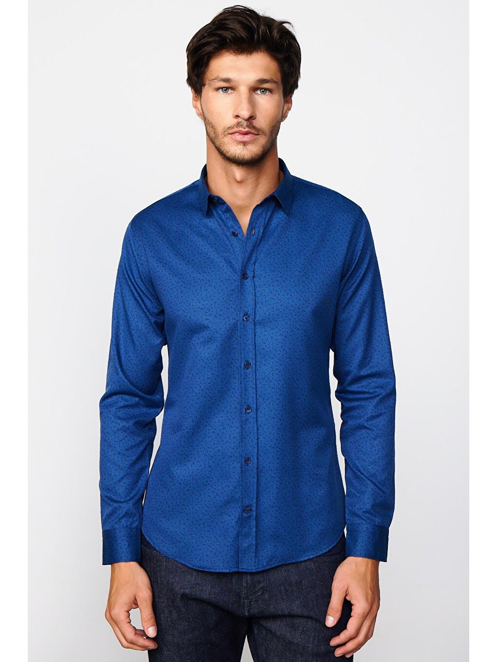 Slim Fit Uzun Kollu Dar Kesim Desenli Pamuklu Kolay Ütülenebilir İndigo Erkek Gömlek-1