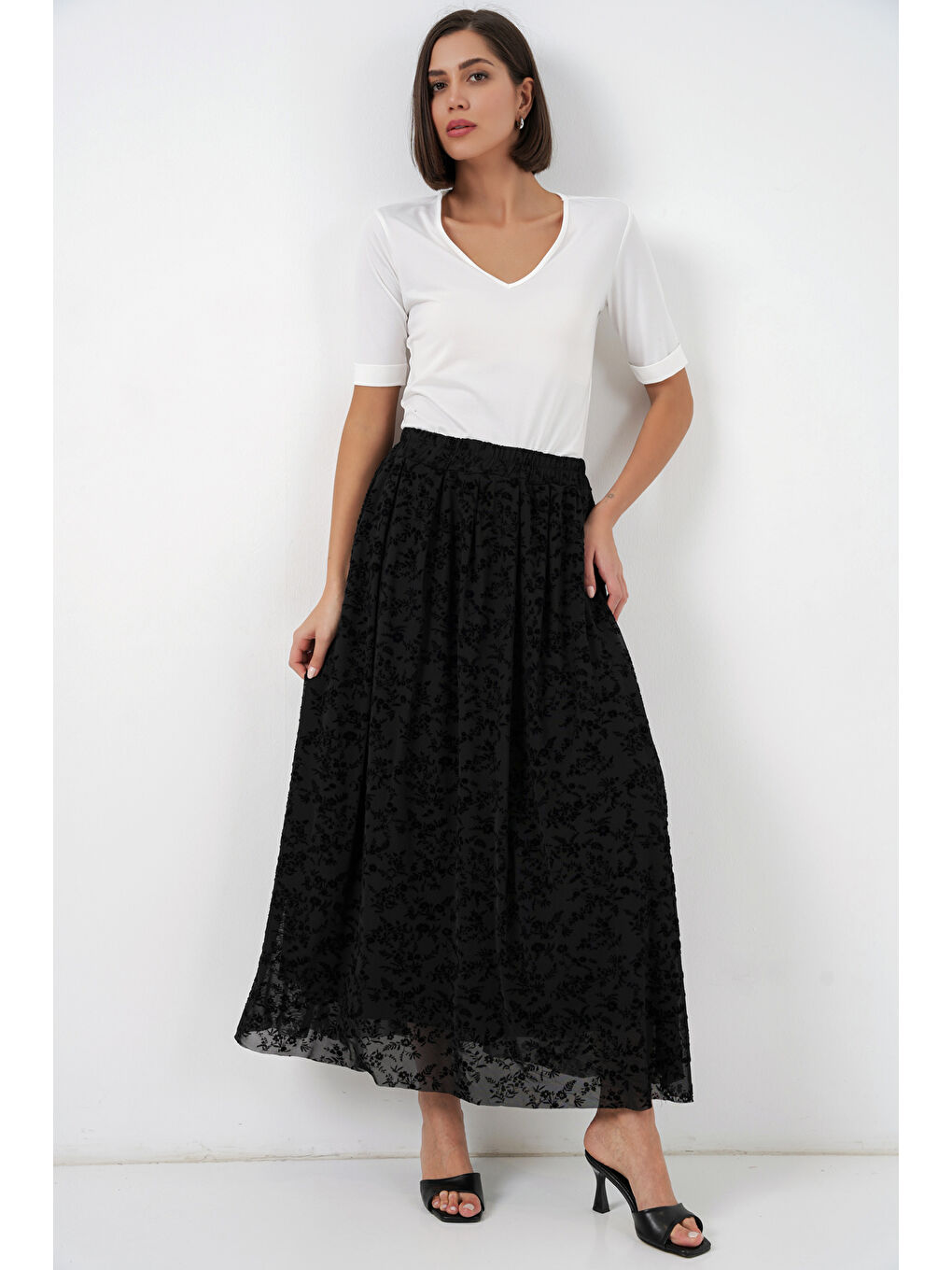 Kadın Flok Baskılı Astarlı Etek 8069 - Siyah-2