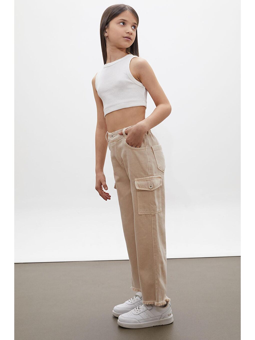 Ekru Krem Kargo Cepli Püsküllü Geniş Paça Kız Jean Pantolon 13-17 Yaş 18249-2