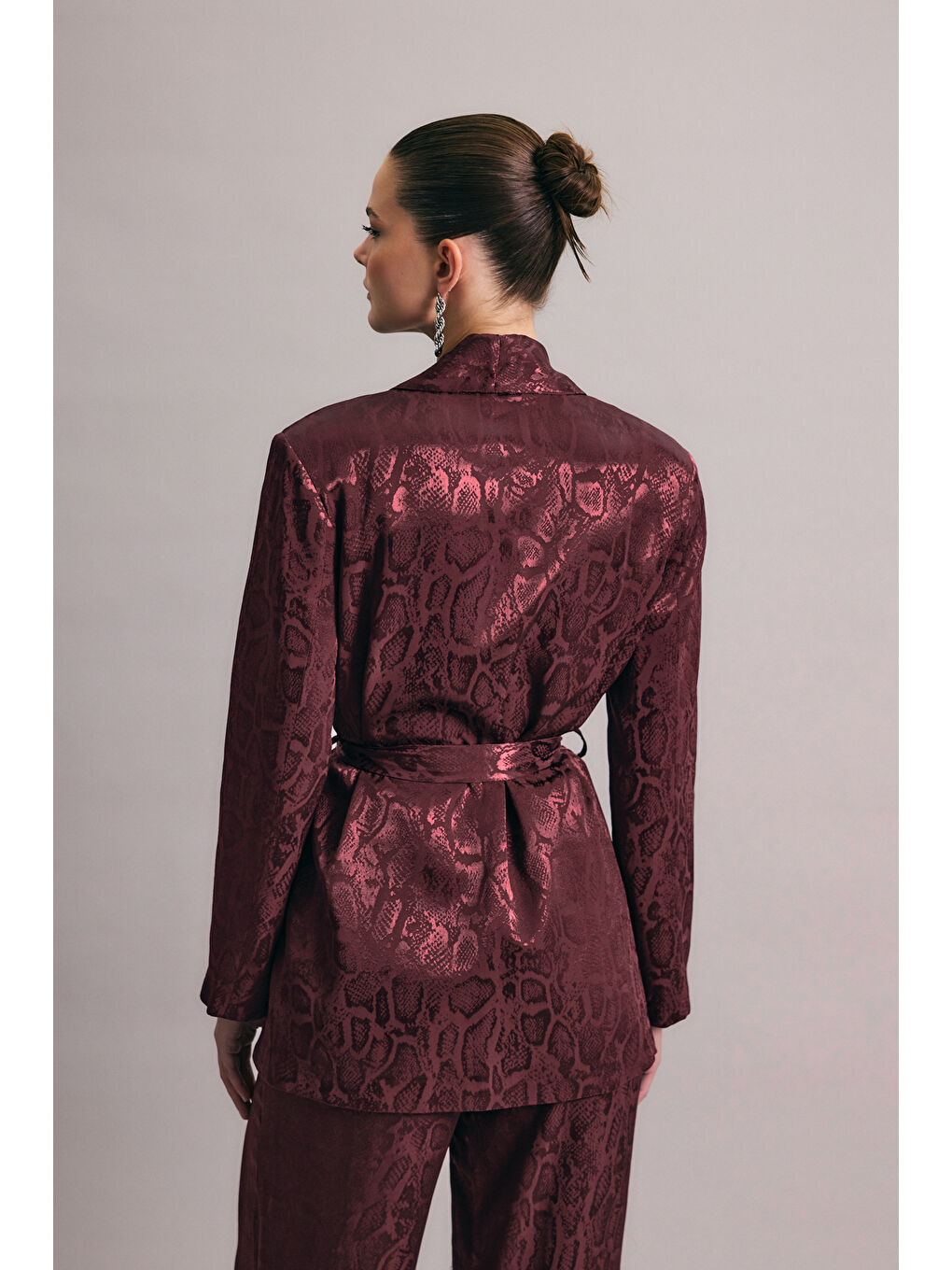Yılan Desenli Uzun Ceket - Bordo-6