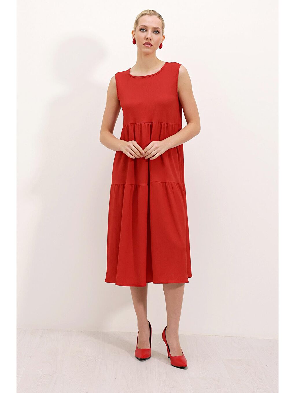 2448 Sıfır Kol Uzun Örme Elbise - Kırmızı-1