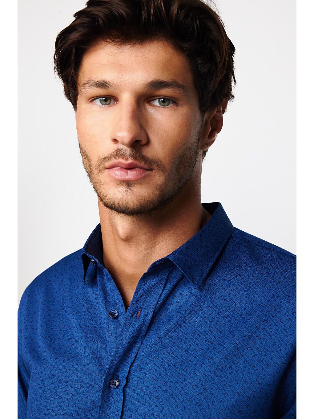 Slim Fit Uzun Kollu Dar Kesim Desenli Pamuklu Kolay Ütülenebilir İndigo Erkek Gömlek-2