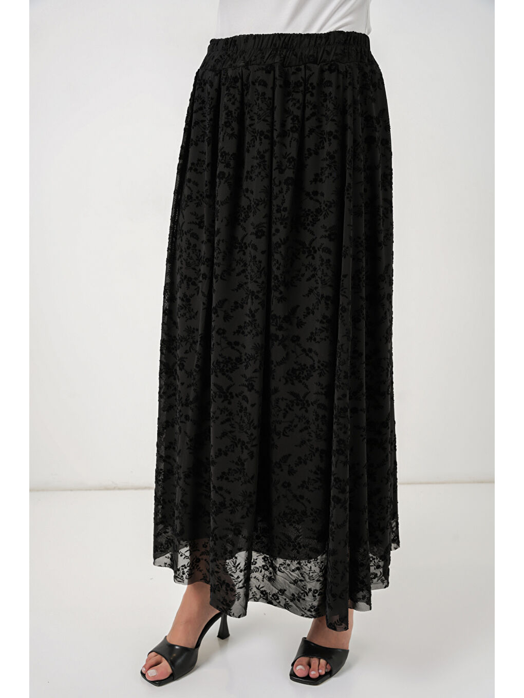 Kadın Flok Baskılı Astarlı Etek 8069 - Siyah-3