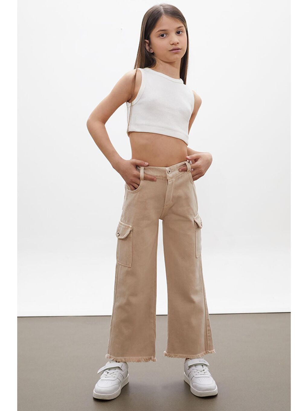 Ekru Krem Kargo Cepli Püsküllü Geniş Paça Kız Jean Pantolon 13-17 Yaş 18249-3