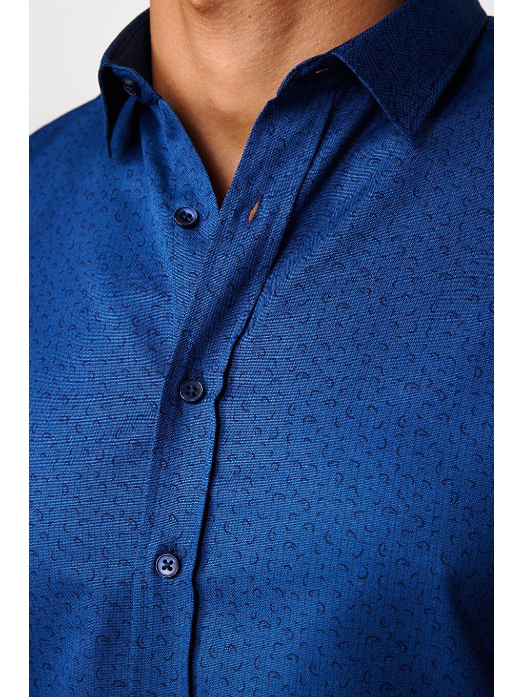 Slim Fit Uzun Kollu Dar Kesim Desenli Pamuklu Kolay Ütülenebilir İndigo Erkek Gömlek-3
