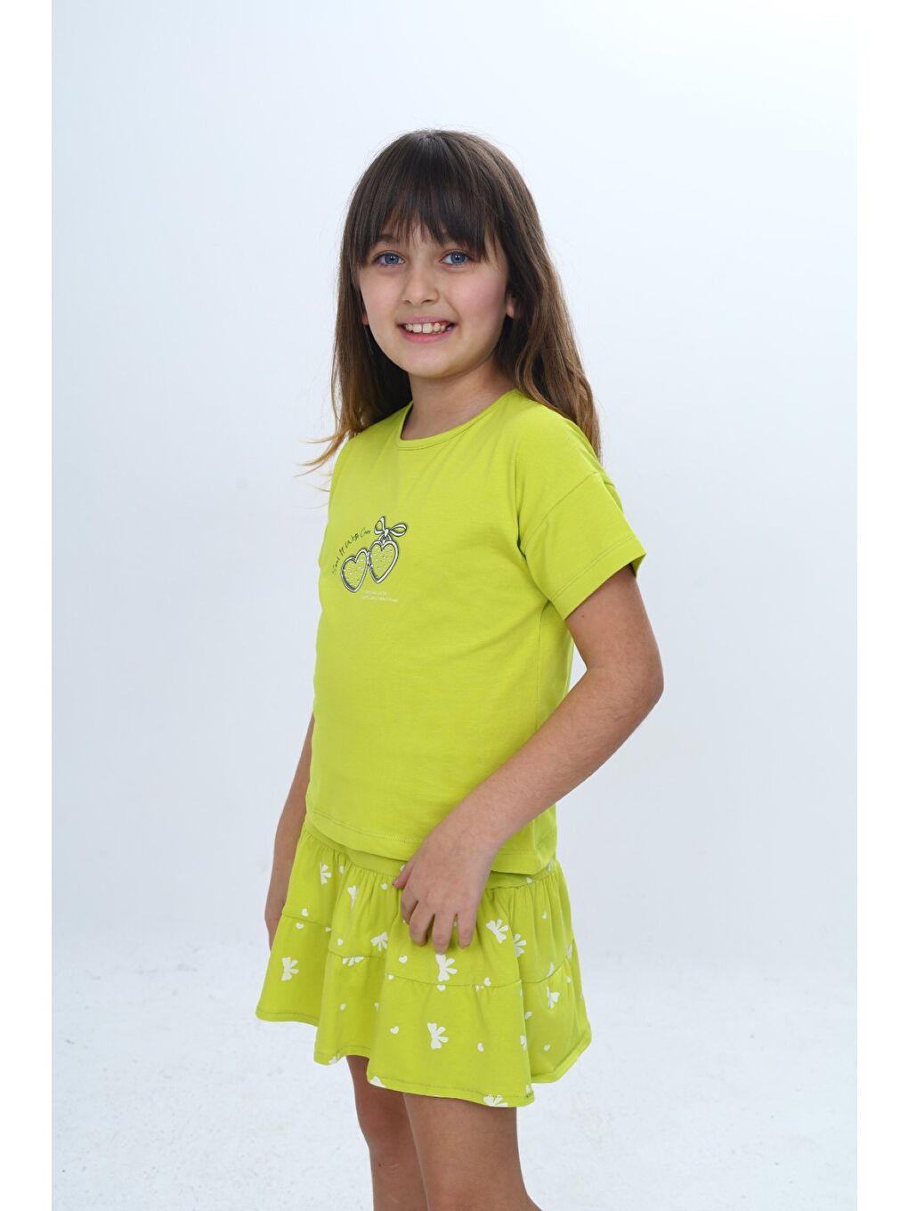 Yeşil Kız Çocuk 2'li Takım Bisiklet Yaka Kısa Kollu Baskılı Tişört - Beli Lastikli Baskılı Şort Etek 24-3