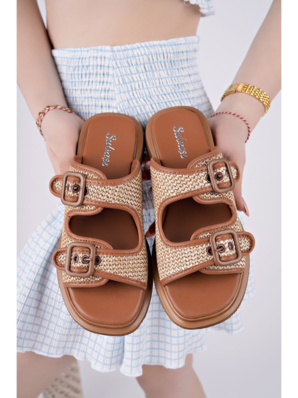 Kahverengi SARLE Çift Bantlı Ayarlanabilir Kemerli Kadın Günlük Hasır Terlik-2