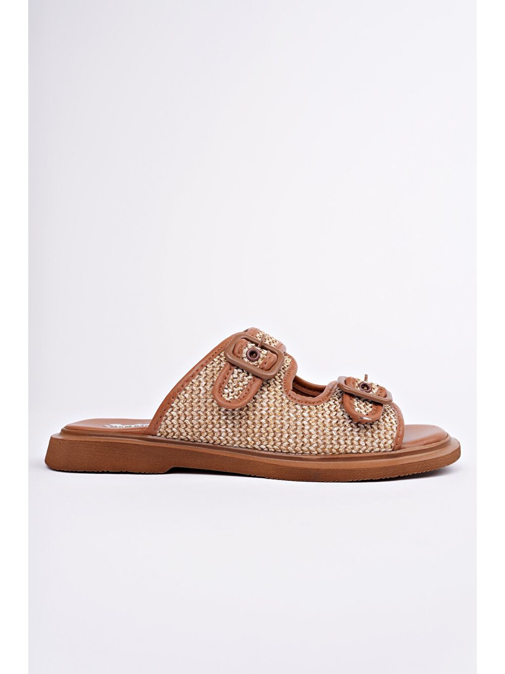 Kahverengi SARLE Çift Bantlı Ayarlanabilir Kemerli Kadın Günlük Hasır Terlik-3