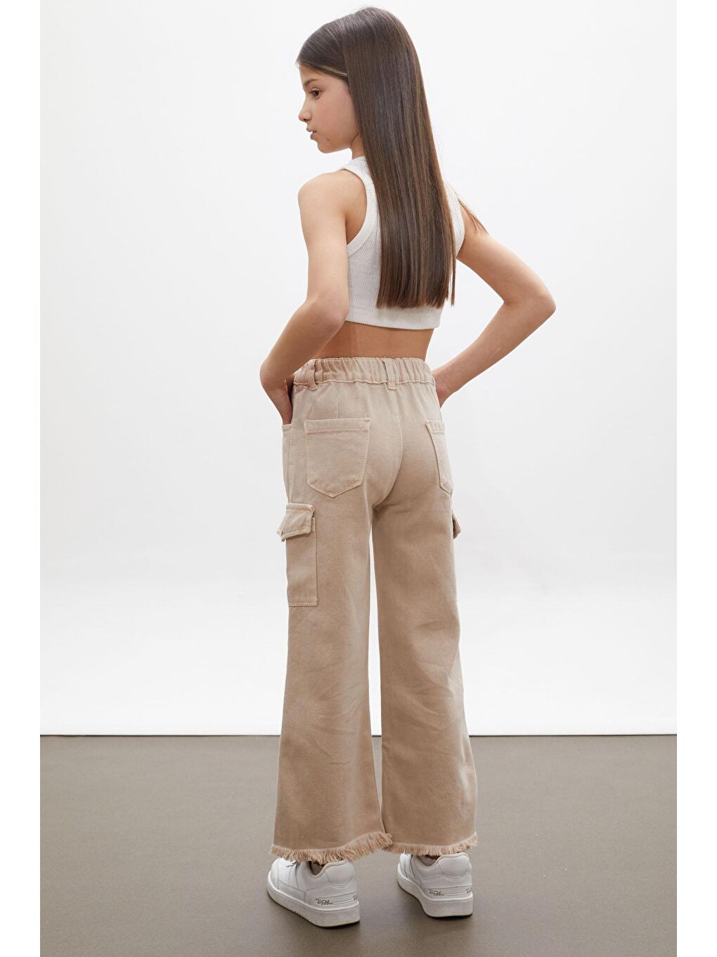 Ekru Krem Kargo Cepli Püsküllü Geniş Paça Kız Jean Pantolon 13-17 Yaş 18249-4