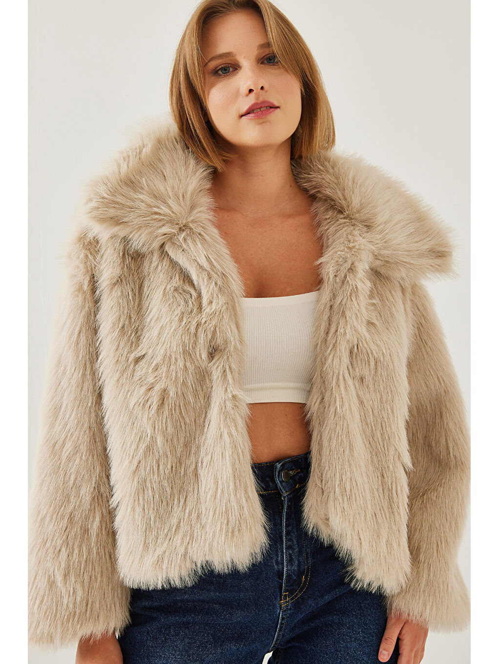 Bej Kadın Yakalı Suni Kürklü Astarlı Mont-3