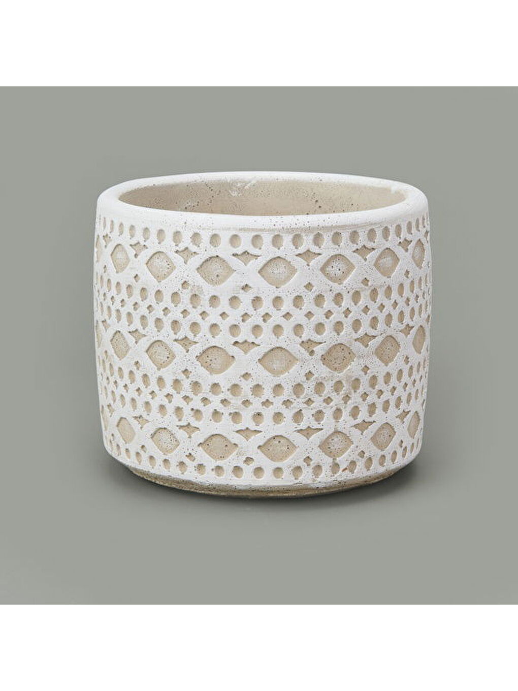 Dantel Güpür Desenli Beton Saksı - Beyaz - 14x12,5 cm