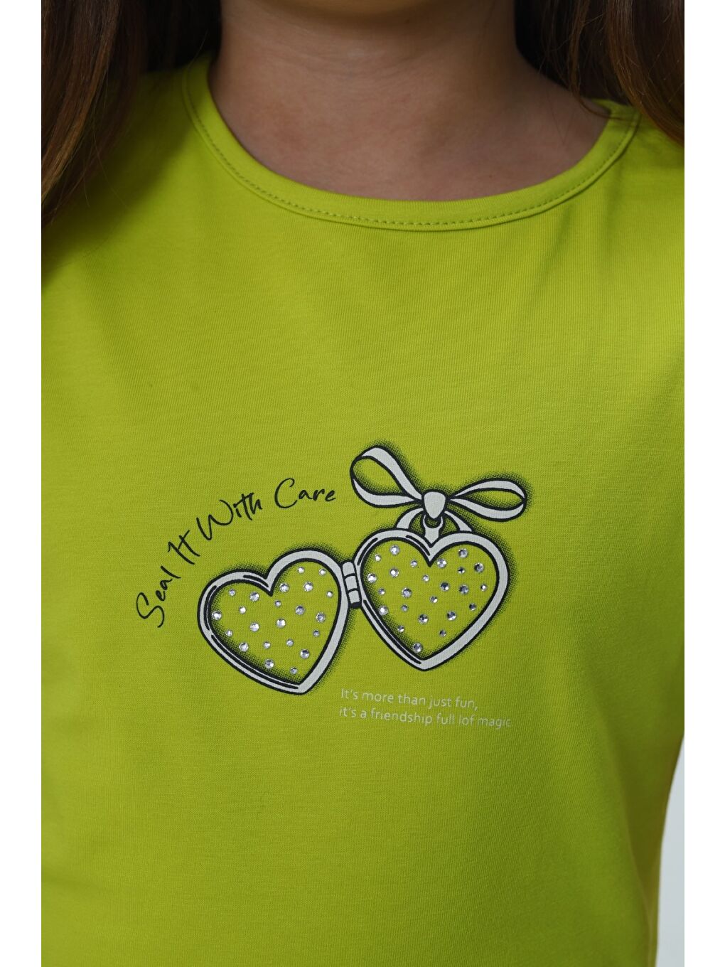 Yeşil Kız Çocuk 2'li Takım Bisiklet Yaka Kısa Kollu Baskılı Tişört - Beli Lastikli Baskılı Şort Etek 24-5