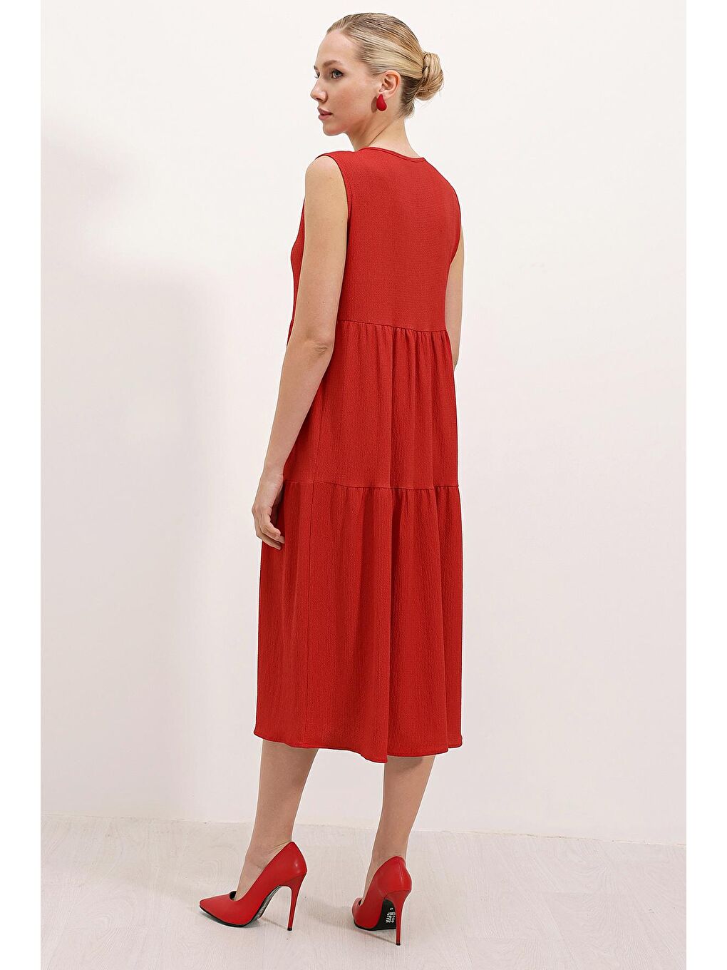 2448 Sıfır Kol Uzun Örme Elbise - Kırmızı-3