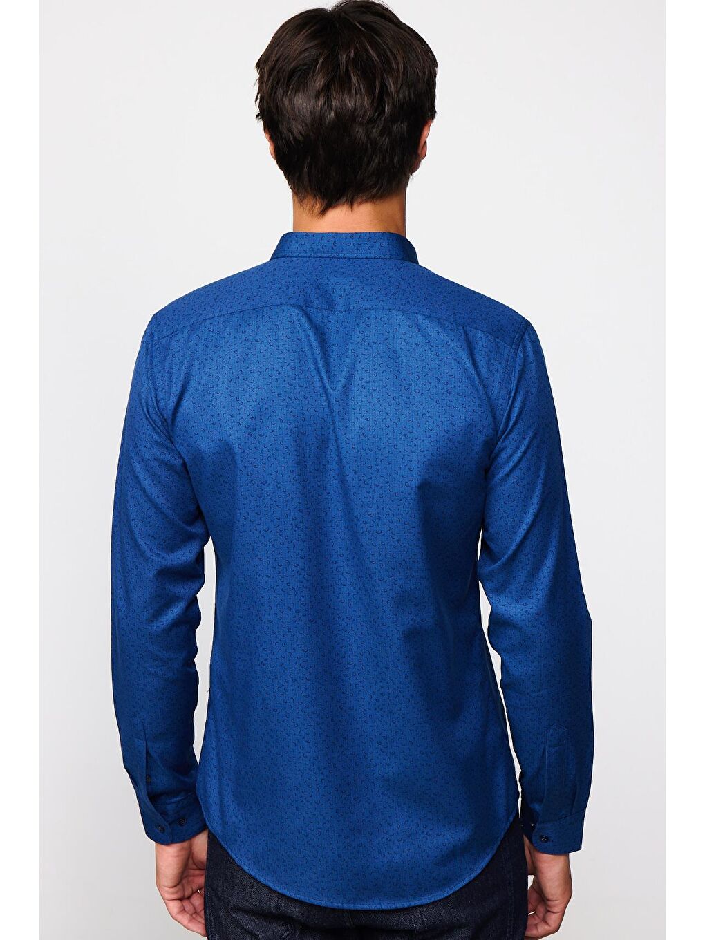 Slim Fit Uzun Kollu Dar Kesim Desenli Pamuklu Kolay Ütülenebilir İndigo Erkek Gömlek-4