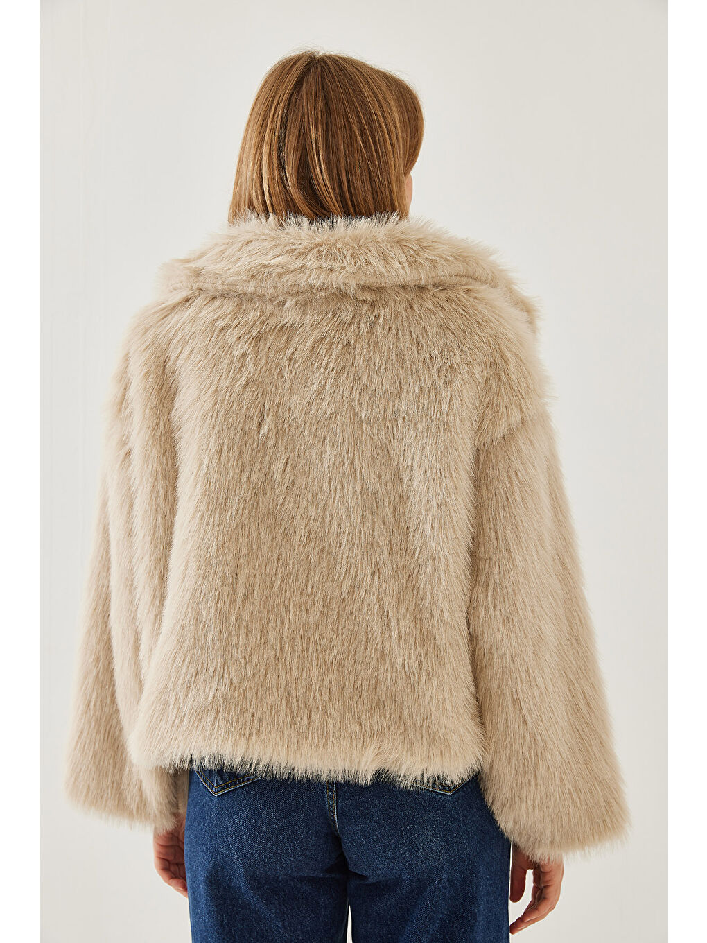Bej Kadın Yakalı Suni Kürklü Astarlı Mont-6