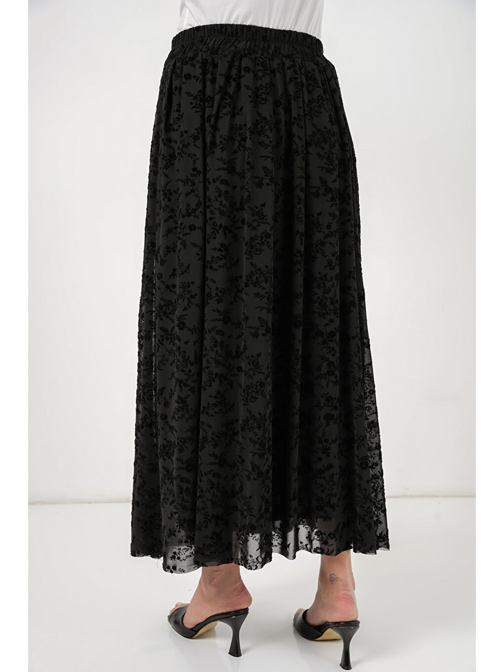 Kadın Flok Baskılı Astarlı Etek 8069 - Siyah-6