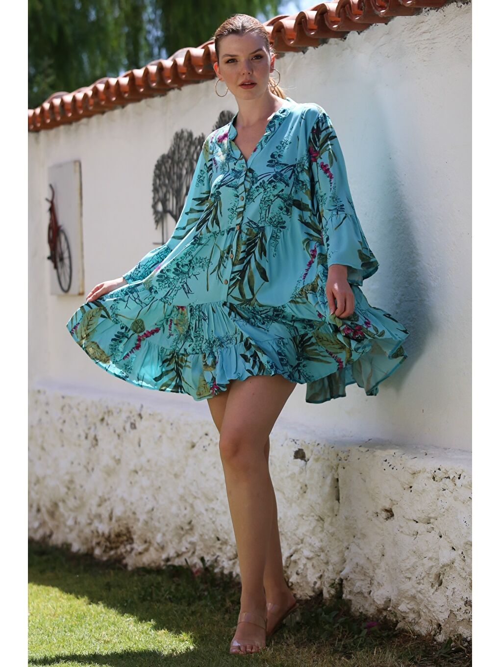 Turkuaz Hakim Yaka Volanlı Kol Düğmeli Eteği Fırfırlı Allover Baskılı Casual Dokuma Elbise 90 64-5