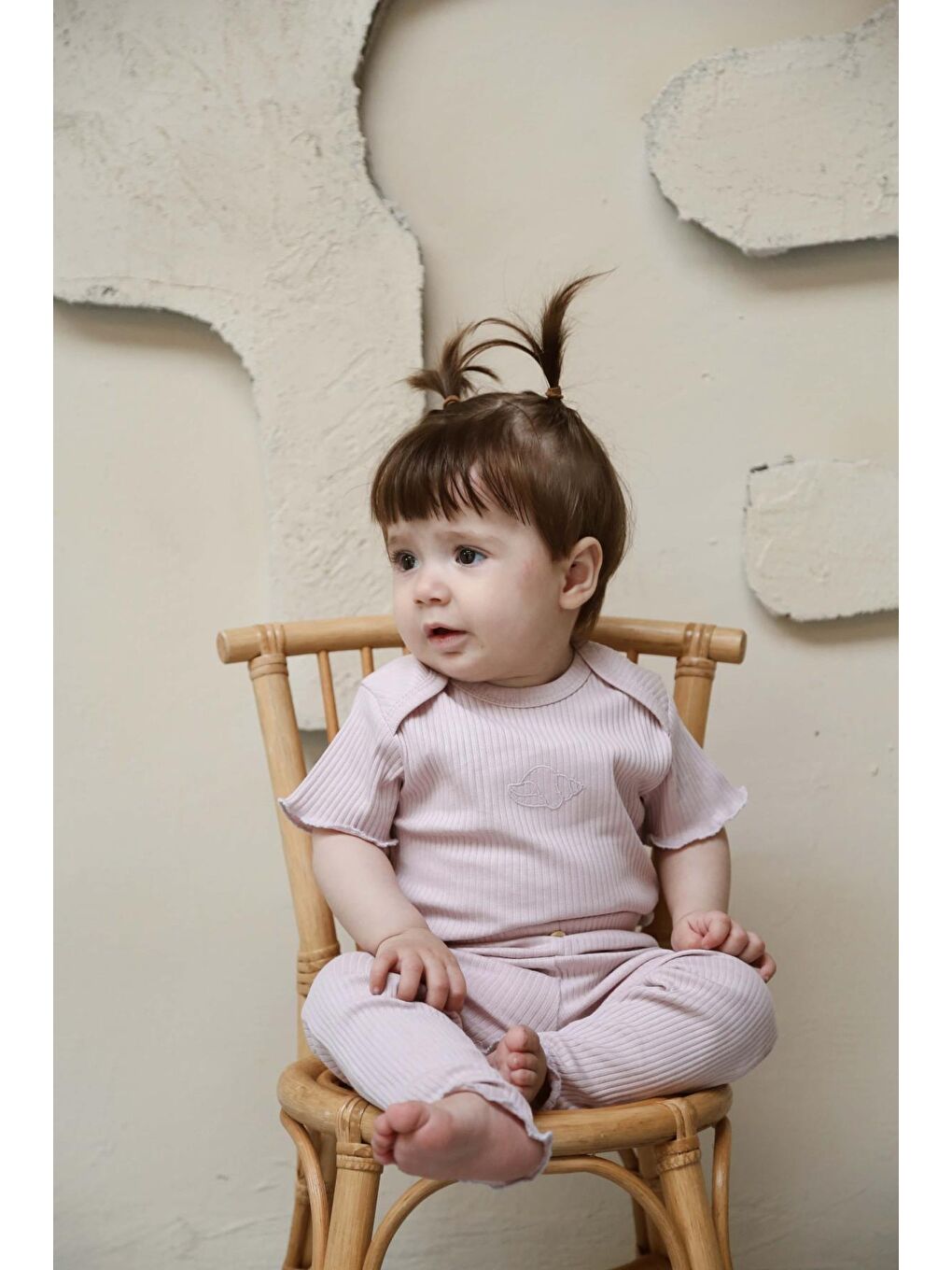 Lila İstiridye Nakışlı Fitilli Kısa Kollu Body Tayt Set-1