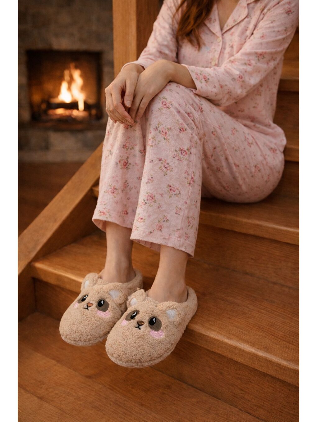 Kahverengi TEDDY BEAR Kadın Ev Terliği Kışlık Terlik Kauçuk Ses Yapmayan Taban-1