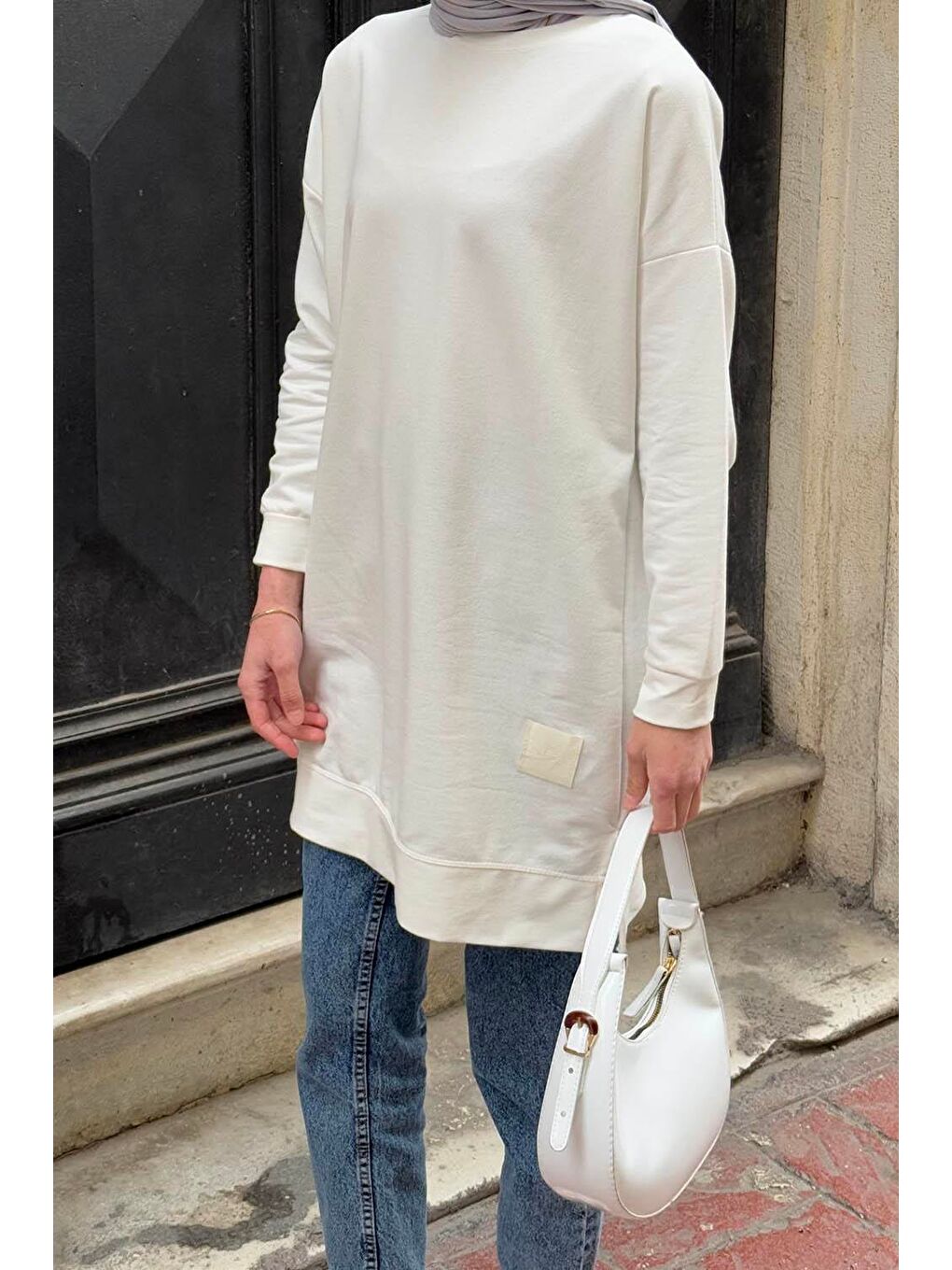 İki Iplikli Arma Detaylı Sweat Tunik Beyaz-2