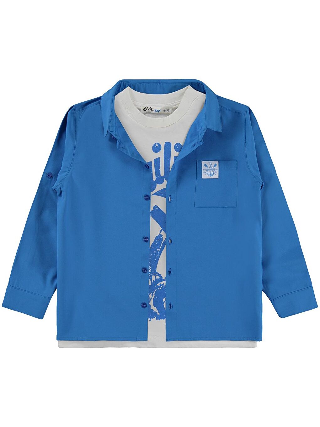 Turkuaz Boys Sailin Baskılı Tişörtlü 6-9 Yaş Gömlek - Mavi