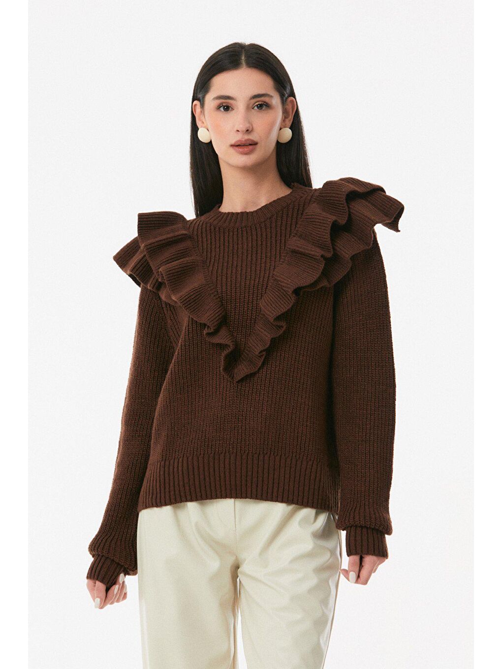 Kahverengi Fırfırlı Bisiklet Yaka Triko Kazak