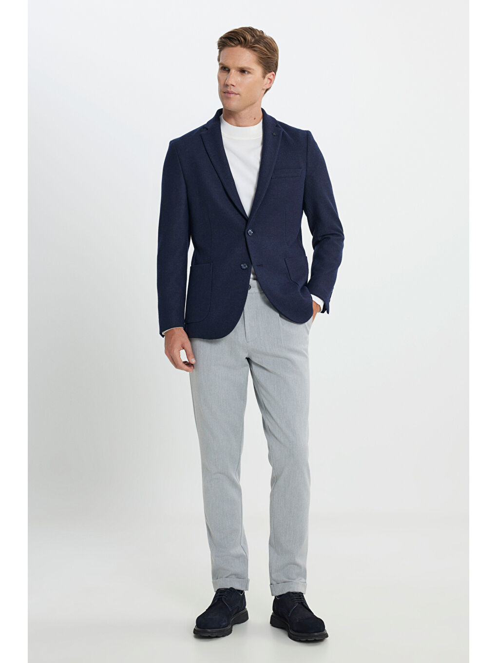 Erkek Lacivert Yünlü Slim Fit Dar Kesim Mono Yaka Armürlü Torba Cepli Ceket-1