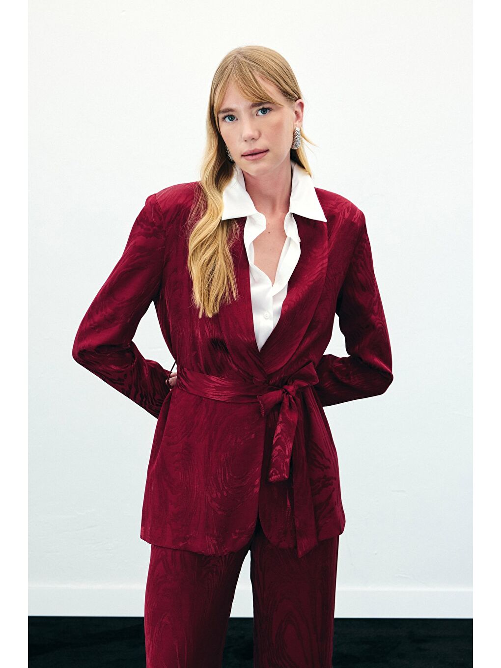 Kuşaklı Uzun Ceket - Bordo-1