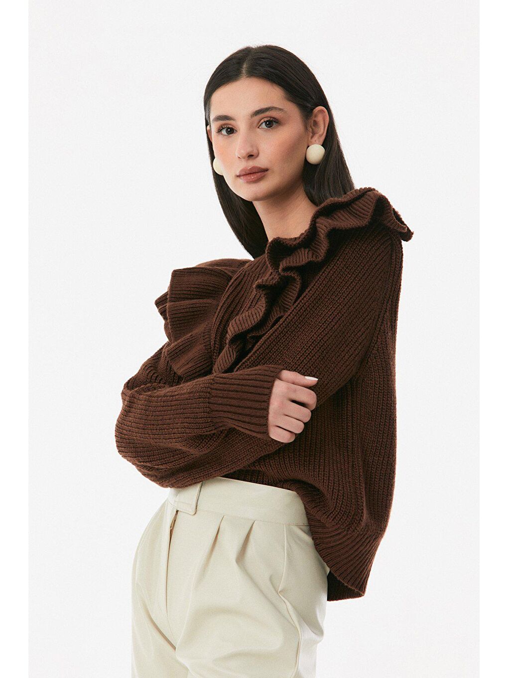 Kahverengi Fırfırlı Bisiklet Yaka Triko Kazak-1