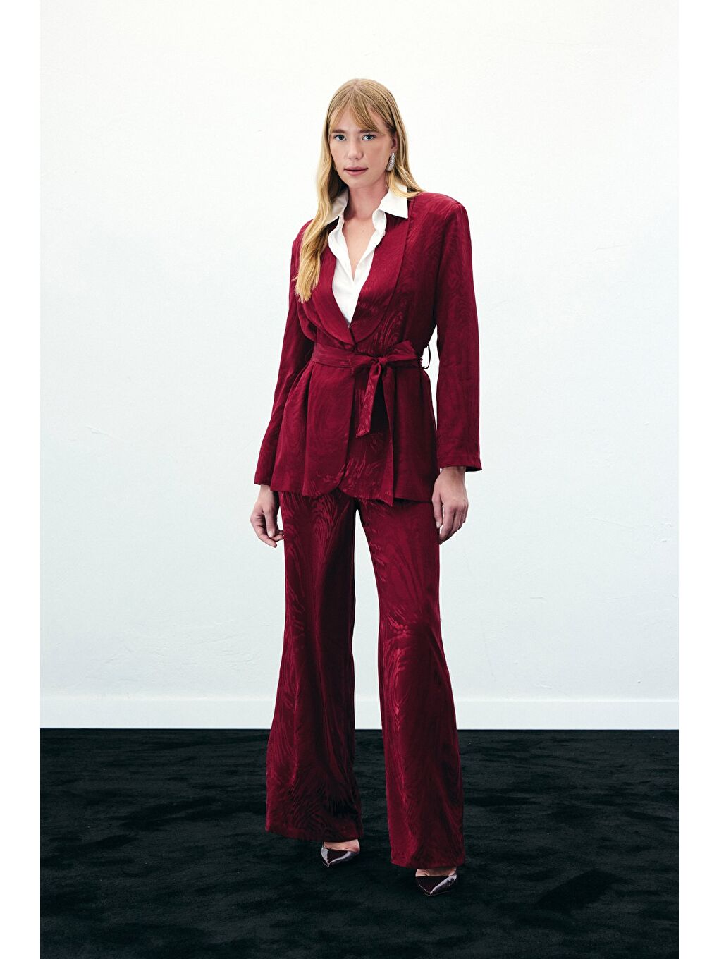 Kuşaklı Uzun Ceket - Bordo-2