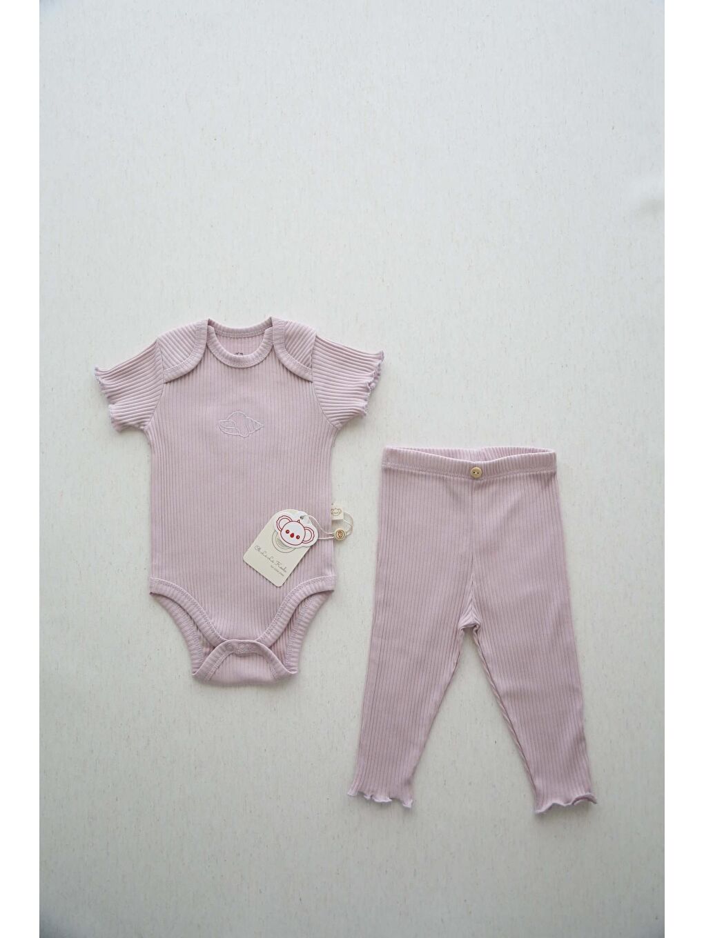 Lila İstiridye Nakışlı Fitilli Kısa Kollu Body Tayt Set-6