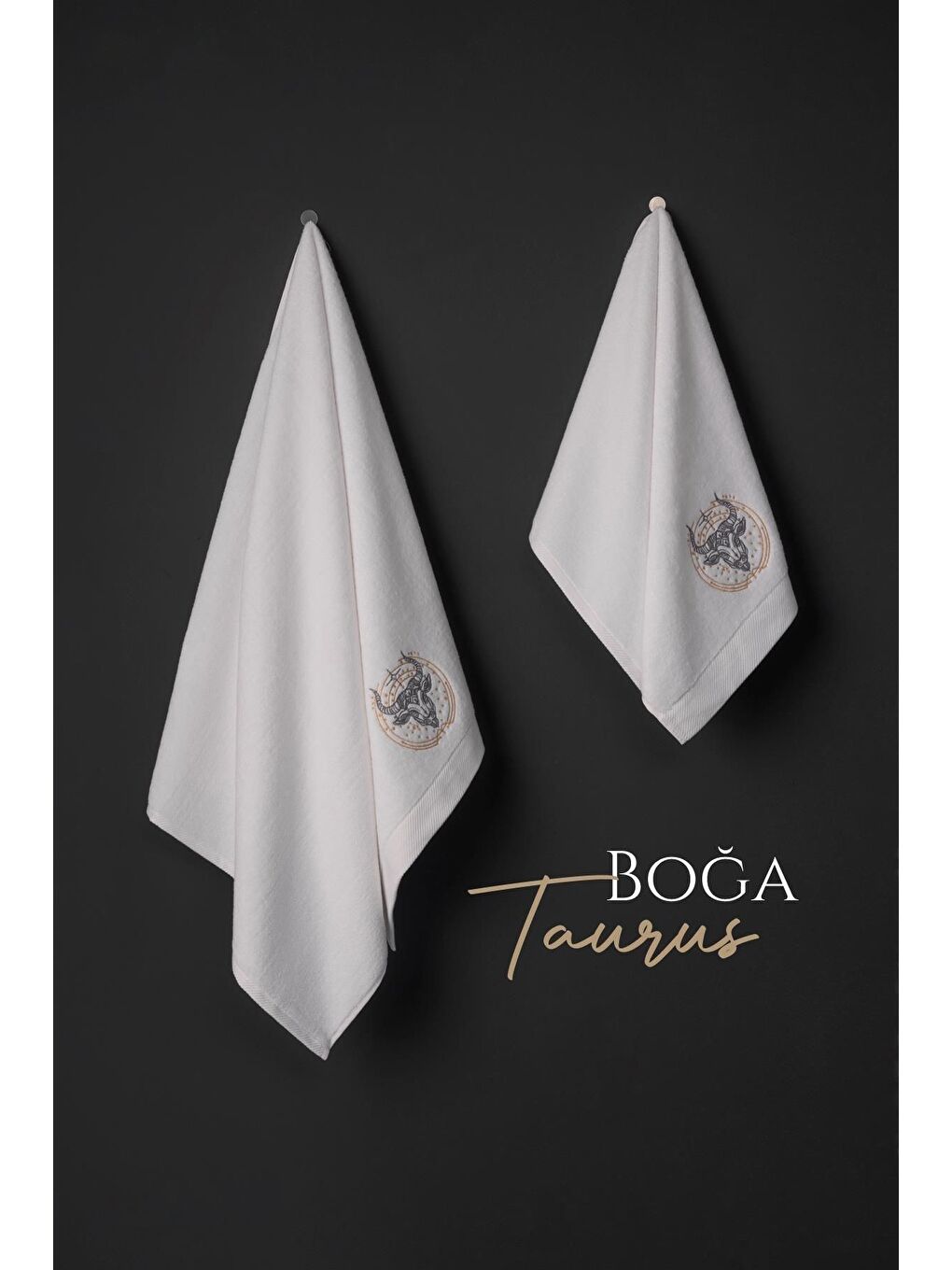 Beyaz %100 Microcotton Üst Kalite Havlu Seti Burç Nakışlı