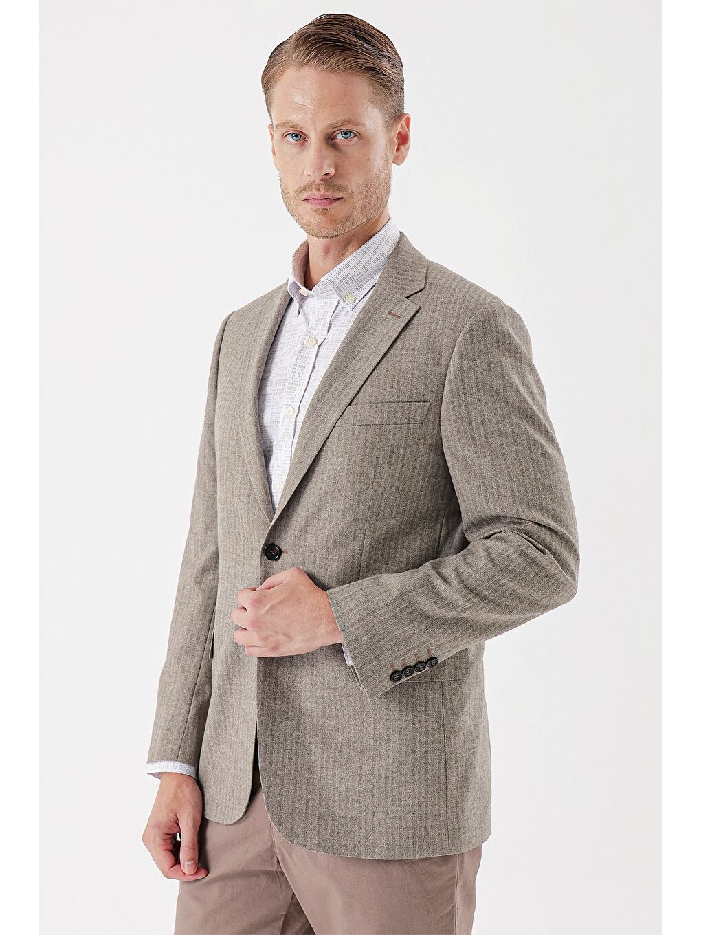 Bej Flannel Mono Yaka Tek Yırtmaç 6 Drop Comfort Fit Rahat Kesim Klasik Ceket 1002235130-1