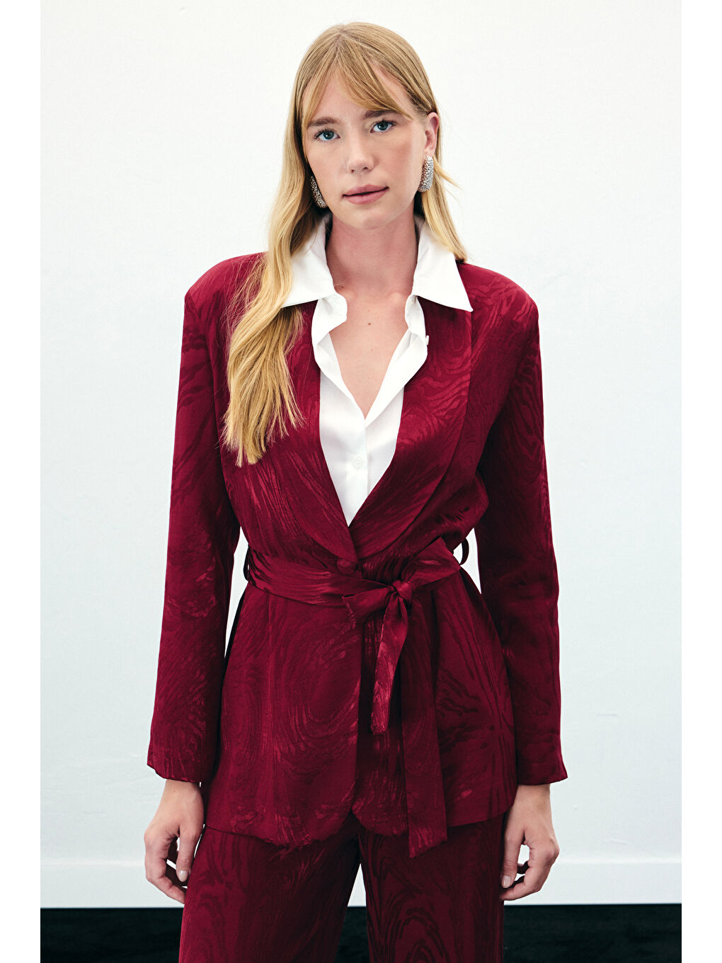 Kuşaklı Uzun Ceket - Bordo-3