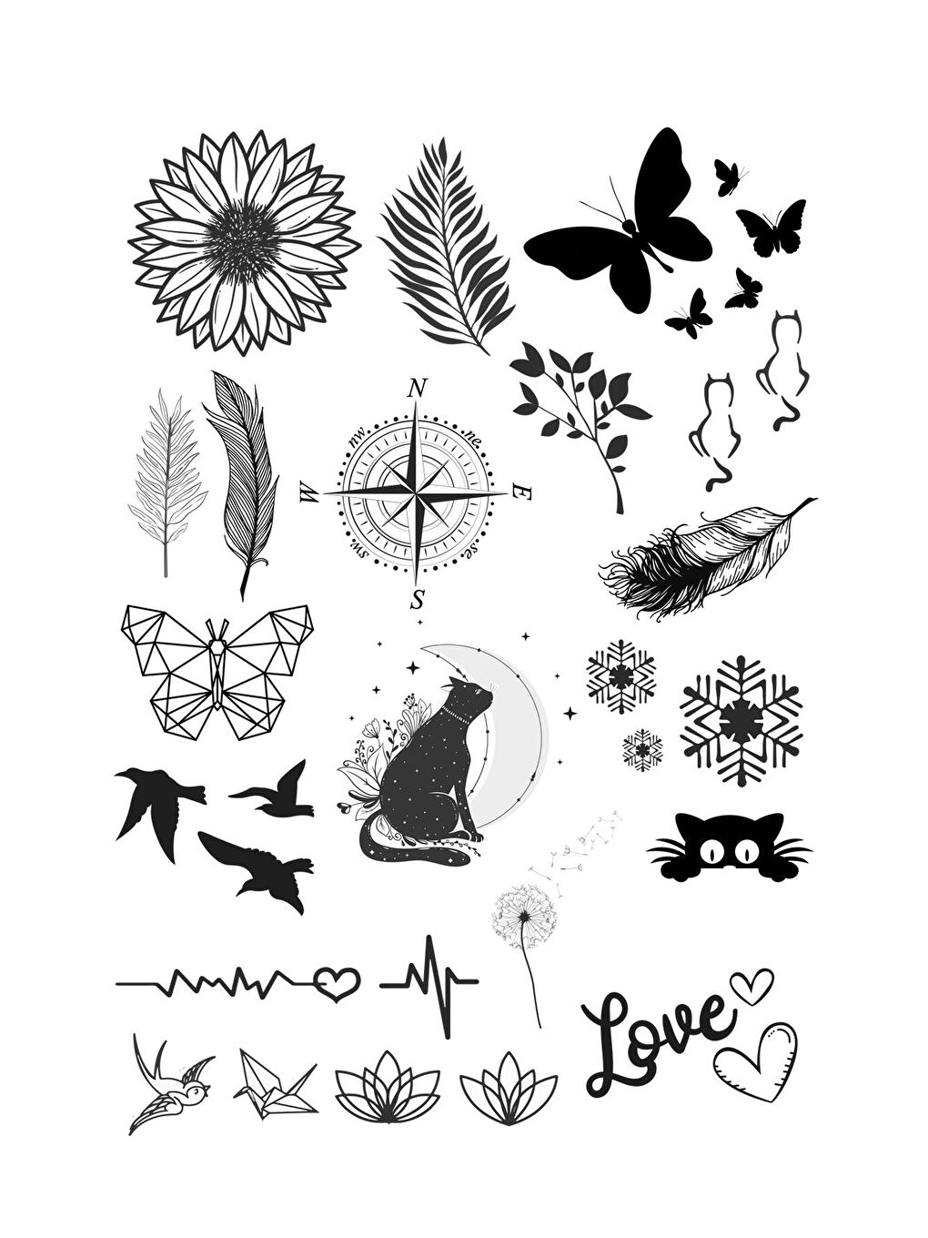 Siyah Blackness Kuşlar kelebekler ve Kedi Desenli Geçici Dövme