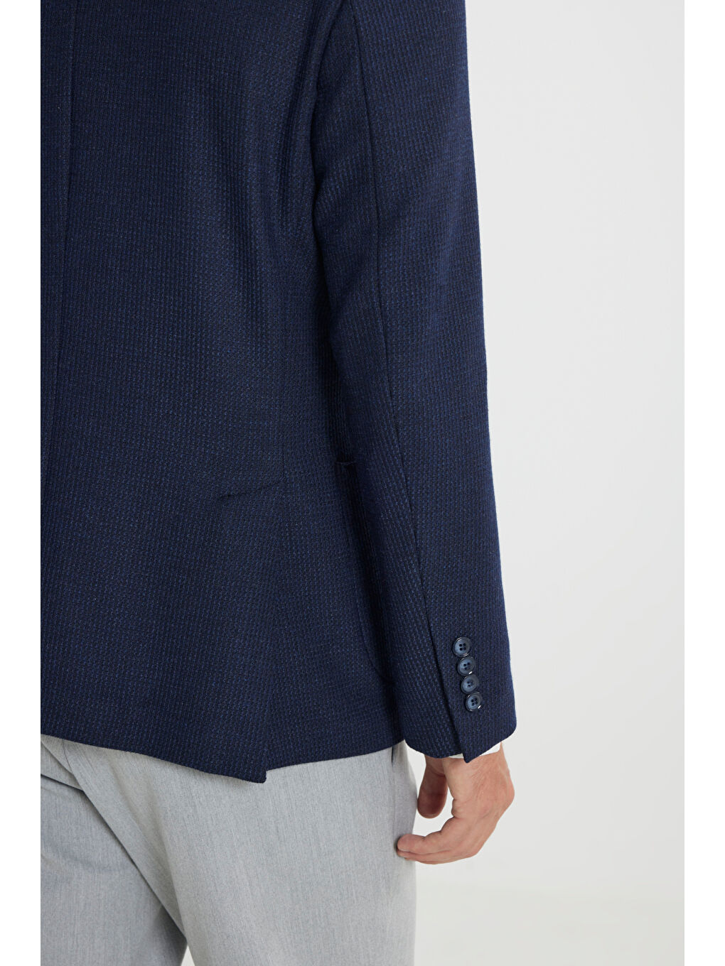 Erkek Lacivert Yünlü Slim Fit Dar Kesim Mono Yaka Armürlü Torba Cepli Ceket-5