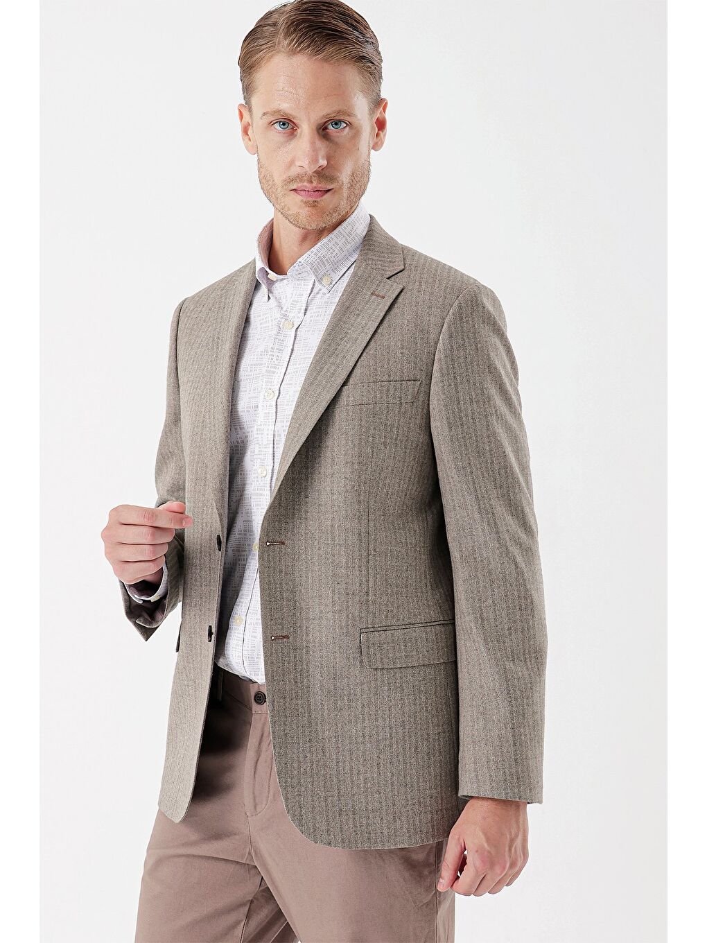 Bej Flannel Mono Yaka Tek Yırtmaç 6 Drop Comfort Fit Rahat Kesim Klasik Ceket 1002235130-2