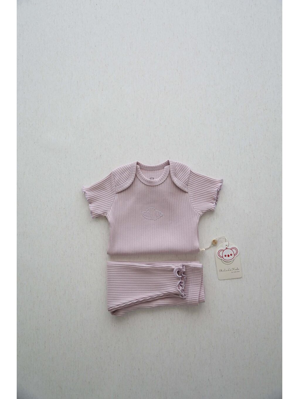 Lila İstiridye Nakışlı Fitilli Kısa Kollu Body Tayt Set-7