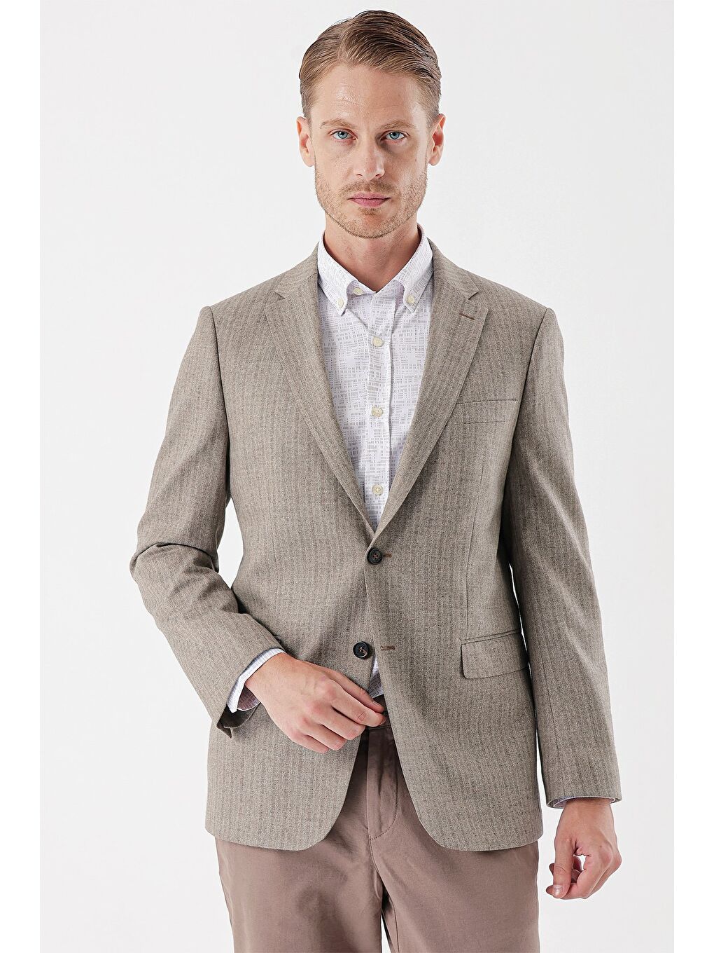 Bej Flannel Mono Yaka Tek Yırtmaç 6 Drop Comfort Fit Rahat Kesim Klasik Ceket 1002235130-4