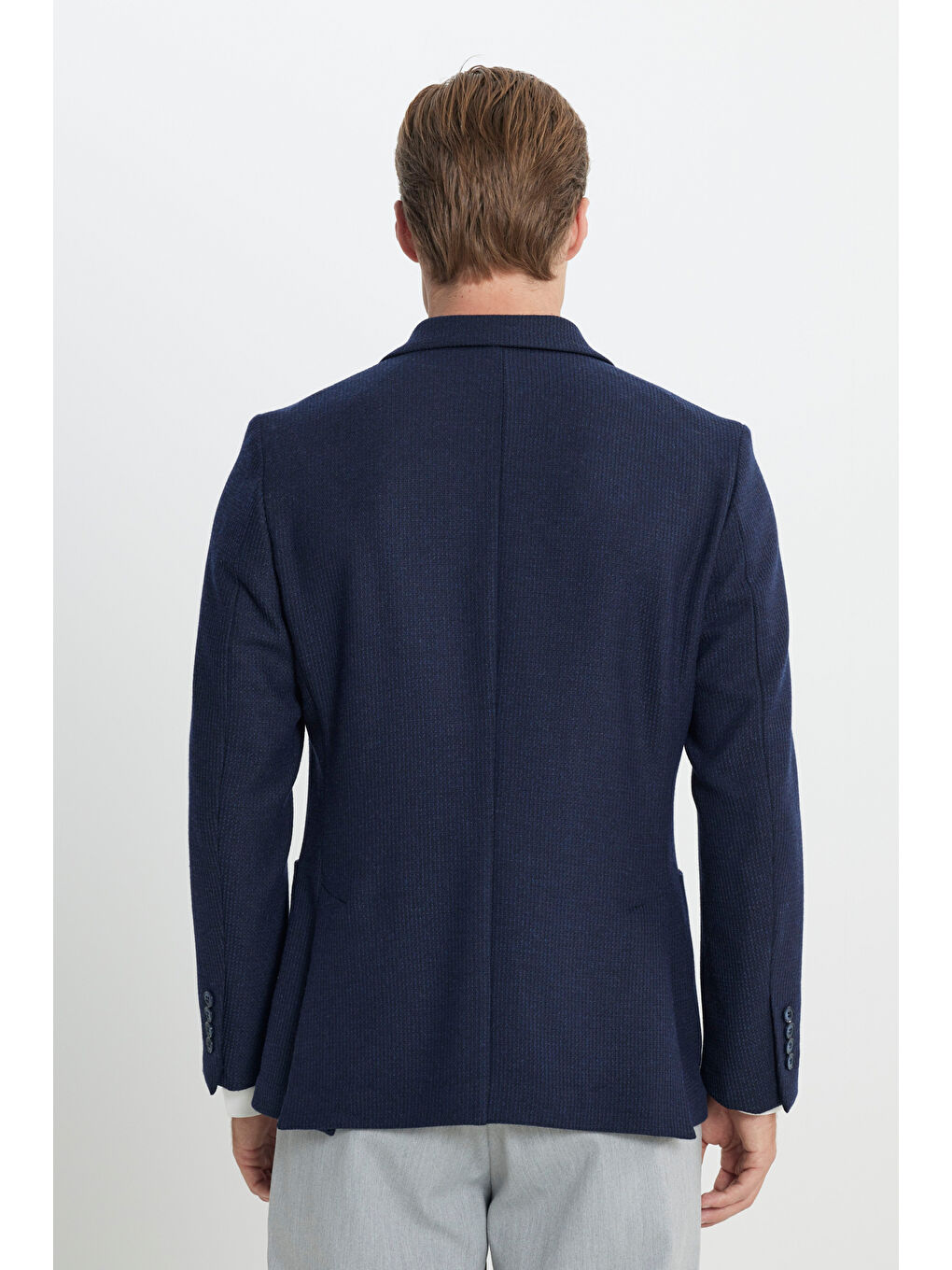 Erkek Lacivert Yünlü Slim Fit Dar Kesim Mono Yaka Armürlü Torba Cepli Ceket-6