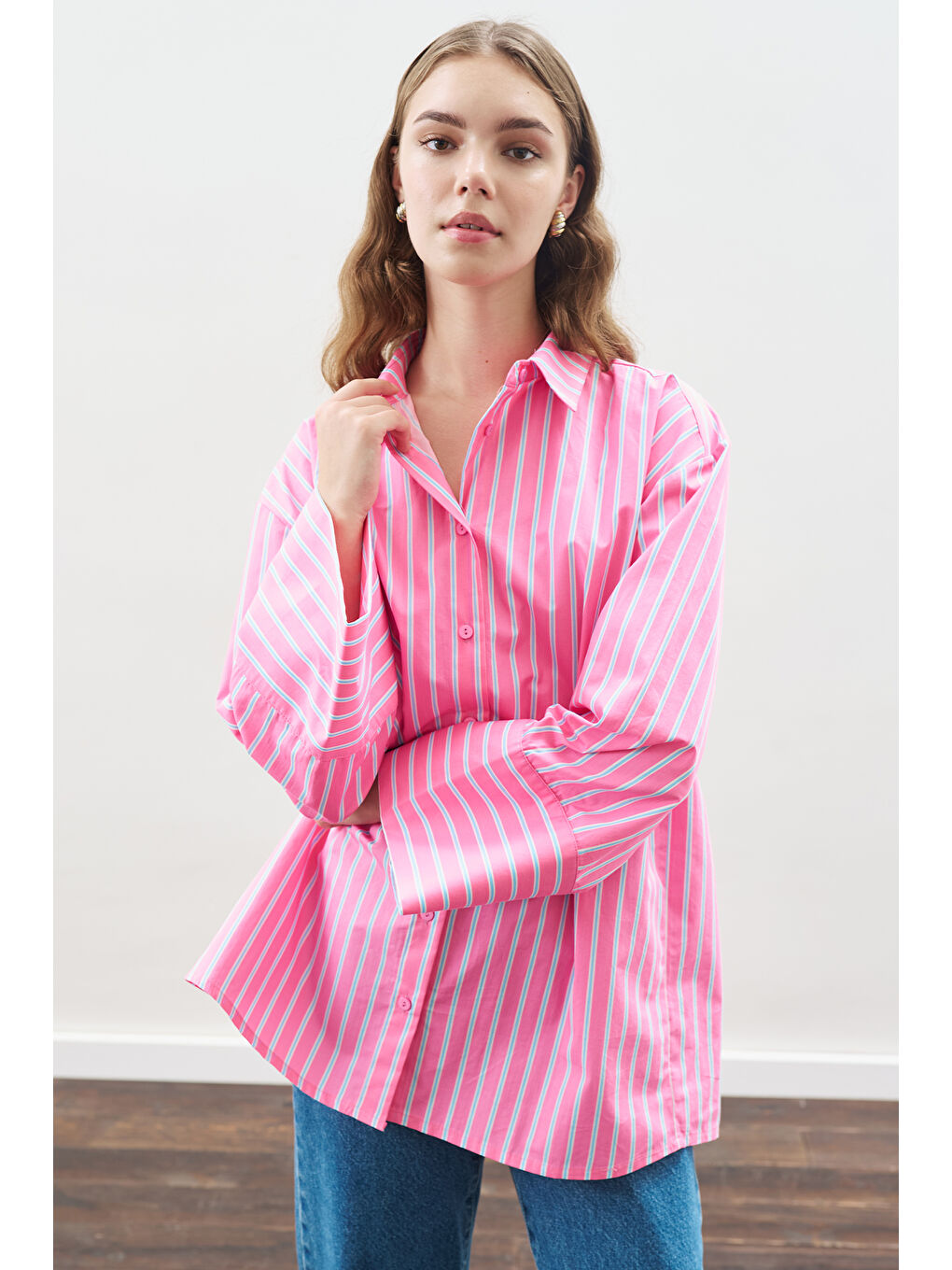 Çizgili Pamuklu Gömlek Pembe Çizgi-1