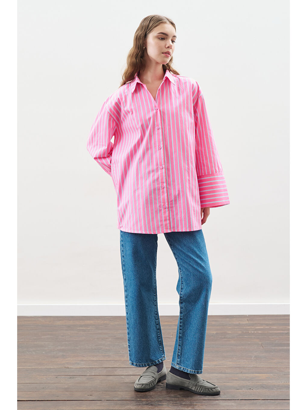 Çizgili Pamuklu Gömlek Pembe Çizgi-2