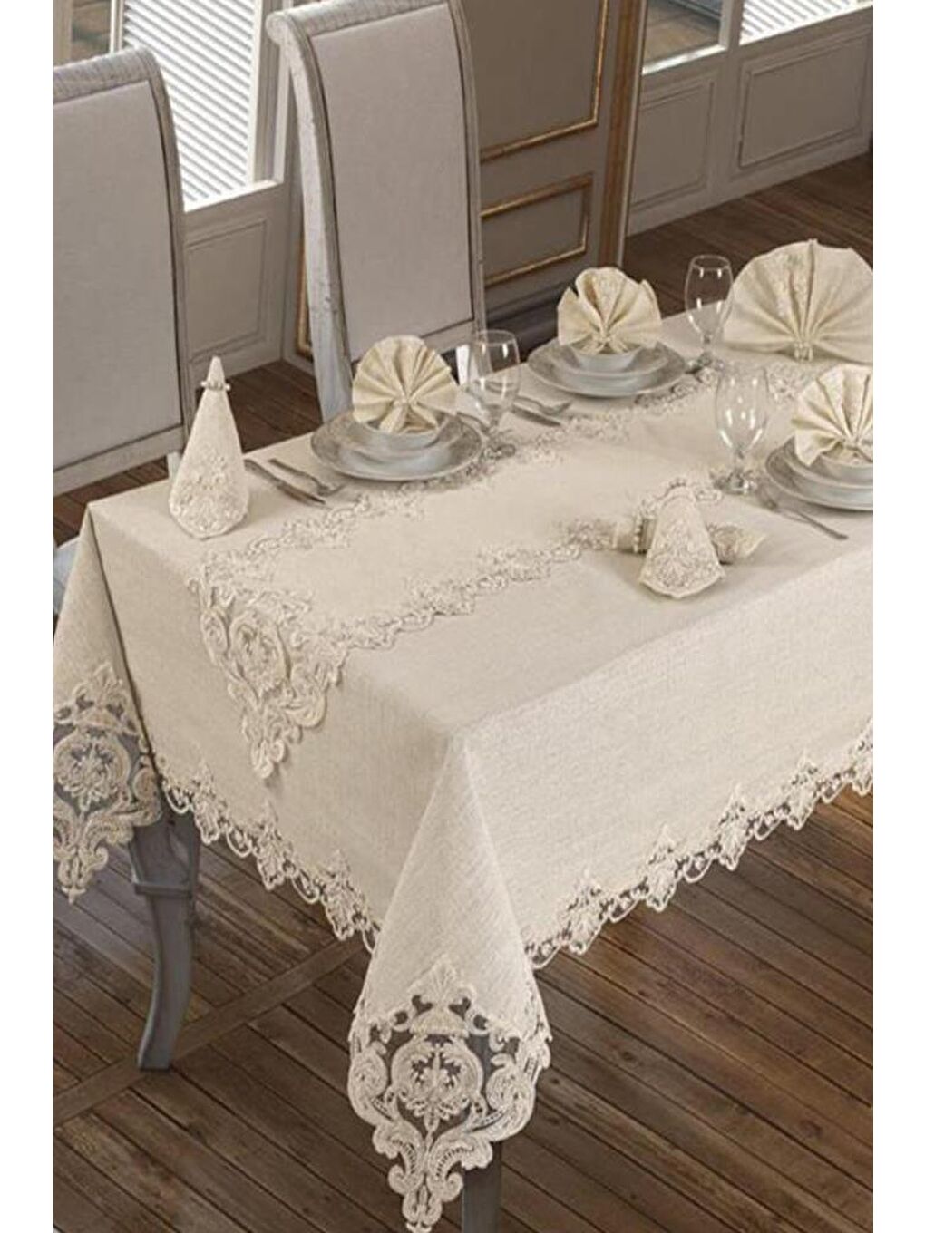 Ekru Fransız Güpürlü Miray Tek Masa Örtüsü Krem-2