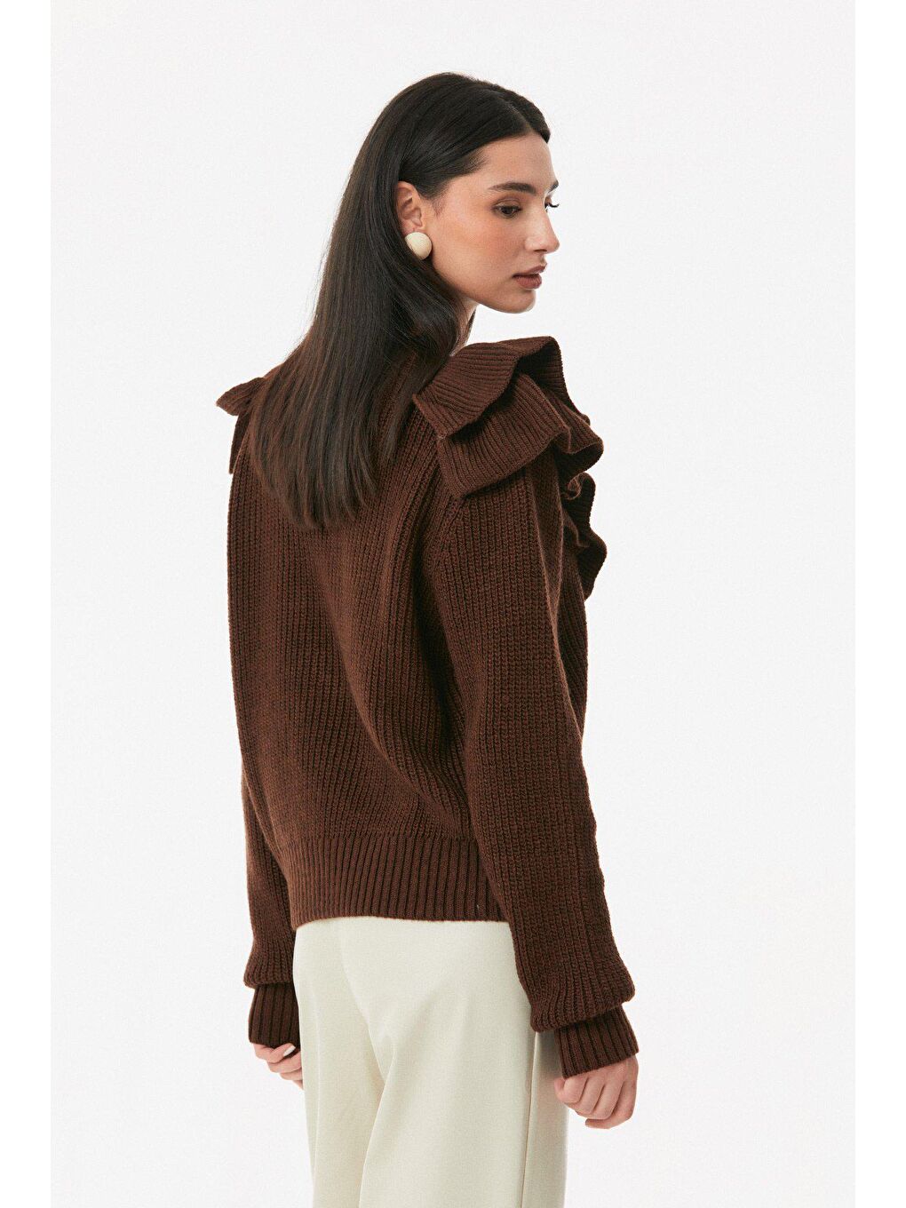 Kahverengi Fırfırlı Bisiklet Yaka Triko Kazak-2